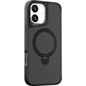 iPhone 16 Plus Kılıf Karbon Fiber Magsafeli Standlı Alp Kapak Siyah