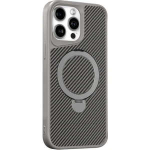 Apple iPhone 15 Pro Max Kılıf Karbon Fiber Magsafeli Standlı Alp Kapak Gri