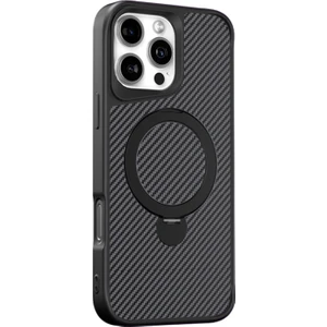 iPhone 16 Pro Kılıf Karbon Fiber Magsafeli Standlı Alp Kapak Siyah