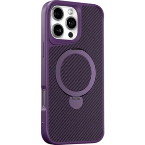 iPhone 16 Pro Max Kılıf Karbon Fiber Magsafeli Standlı Alp Kapak Derin Mor
