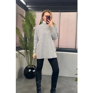 Gri Yarı Boğazlı Fitilli Oversize Kazak