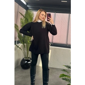 Siyah Yarı Boğazlı Fitilli Oversize Kazak