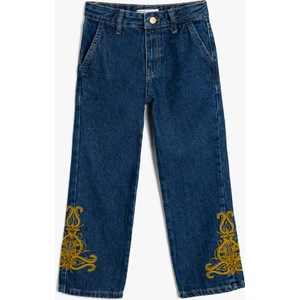 Işlemeli Kot Pantolon Düz Paça Cepli Pamuklu- Straight Jean