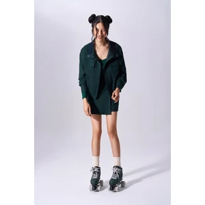 Kadın Logolu Uzun Kol Cep Detaylı Düğmeli Yeşil Mont 2591610