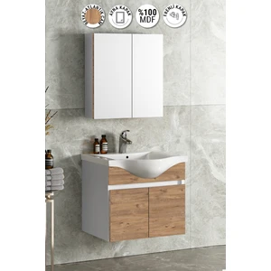 Yıldız 65 cm Beyaz-Atlantik Çam Mdf Seramik Lavabolu Asma Banyo Dolabı Takımı