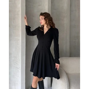CC Design Kadın V Yaka Düğme Detaylı Uzun Kollu Mini Elbise Siyah