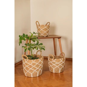 Karia - 3 Lü Dekoratif Doğal El Örmesi Kulplu Hasır Saksı Sepet Seti 31 cm / 27CM / 23 cm