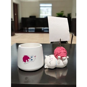 Tatlı Pembe Yumaklı Kawaii Sevimli Kedi Fotoğraf Tutucu Not Tutacak Kalemlik Ofis Seti Hediyelik