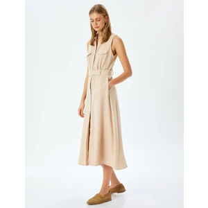 Viskon Keten Karışımlı Kolsuz Cepli Kemerli Uzun Gömlek Elbise