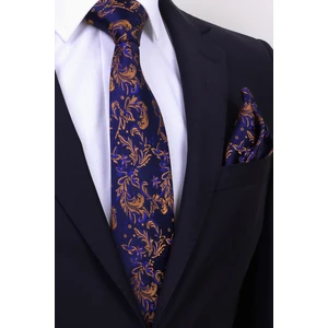 Hand Made 7.5 cm Lacivert Kiremit Yaprak Desen Mendilli Kravat