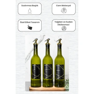 Ahşap Stantlı 3'lü Gold Etiketli Zeytinyağı Ayçiçek Yağı Cam Sirke Şişesi 750 Ml