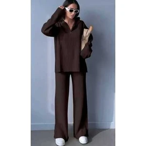 Kadın Fitilli Yaka Fermuarlı Paçası Fermuarlı Yanlardan Yırtmaçlı Triko Takım