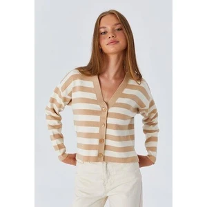 6892 Kadın Çizgili Dokulu Hırka Camel