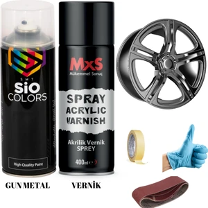 Sio Colors Jant Spolier Gun Metal  Akrilik Vernik Sprey Boya 400 ml +  Zımpara Kağıt Bant Eldiven