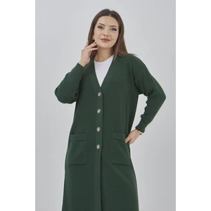 Fresh Moda Kadın Uzun Triko Mevsimlik Cepli Düğmeli Likralı Hırka