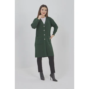 Fresh Moda Kadın Uzun Triko Mevsimlik Cepli Düğmeli Likralı Hırka