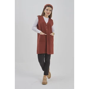 Fresh Moda Kadın Uzun Mevsimlik Triko Likralı Esnek Cepli Düğmeli Yelek