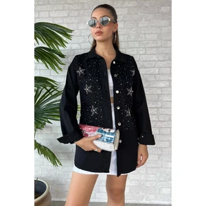 Çift Cepli Taşlı Kot Jean Ceket