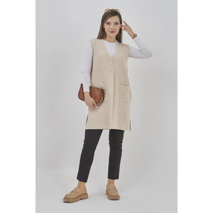 Fresh Moda Kadın Uzun Mevsimlik Triko Likralı Esnek Cepli Düğmeli Yelek