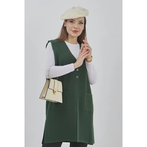 Fresh Moda Kadın Uzun Mevsimlik Triko Likralı Esnek Cepli Düğmeli Yelek