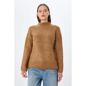 6849 Kadın Dikişsiz Dik Yaka Triko Kazak Camel
