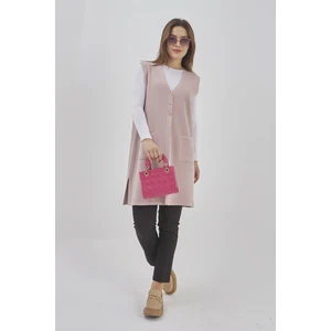 Fresh Moda Kadın Uzun Mevsimlik Triko Likralı Esnek Cepli Düğmeli Yelek