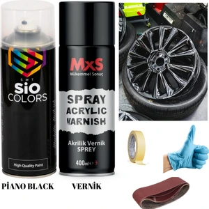 Sio Colors Jant Spolier Piano Black Siyah  Akrilik Vernik Sprey Boya 400 ml +  Zımpara Kağıt Bant Eldiven