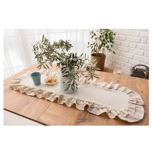 Premium | Rufle Naturel Keten 2 Fırfırlı Runner Vintage  40 x 110 cm  Bohem