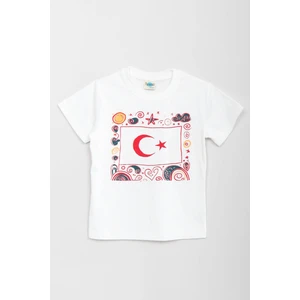 %100 Pamuklu Kısa Kollu Türk Bayrağı Baskılı Kız ve Erkek Unisex Çocuk Tshirt Beyaz