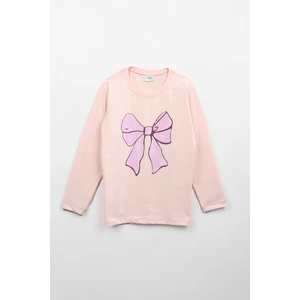 Pamuklu Uzun Kollu Fiyonk Baskılı Kız Çocuk Tshirt Pudra