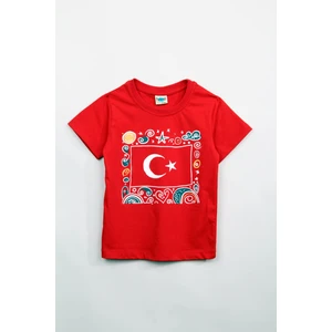 %100 Pamuklu Kısa Kollu Türk Bayrağı Baskılı Kız ve Erkek Unisex Çocuk Tshirt Kırmızı
