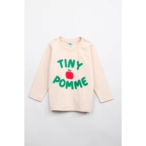 %100 Pamuklu Uzun Kollu Tiny Pomme Baskılı Kız ve Erkek Çocuk Unisex Tshirt Krem