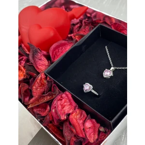 Pandora^modeli Zirkon Kalpli Kolye ve Yüzük Gece Lambalı Gül Yapraklı Kutu Sevgililer Günü Set Pembe ve Beyaz Renk