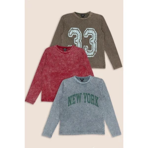 3'lü Baskılı Bordo Gri Kahverengi Yıkamalı Uzun Kol Tshirt