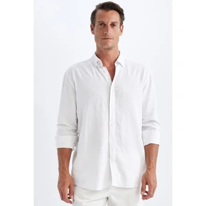 Relax Fit Polo Yaka Keten Karışımlı Pamuklu Basic Düz Uzun Kollu Gömlek C1106AX24SM
