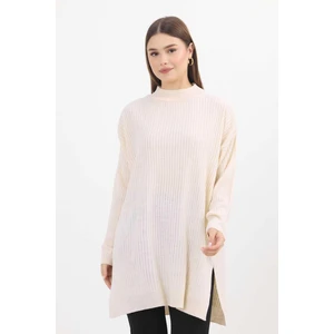 22131 Yırtmaç Detay Fitilli Tunik Krem