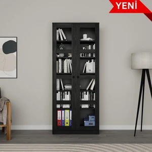 Lucas Cam Kapaklı Vitrin - Büfe - Kitaplık ve Çok Amaçlı Dolap ( Ayarlanabilir Raf ) - Siyah
