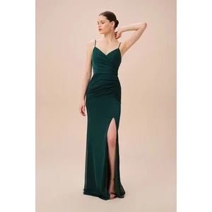 Oleg By Oleg Cassini Yeşil Ince Askılı Saten Kumaş Uzun Abiye Elbise 4XLF20783
