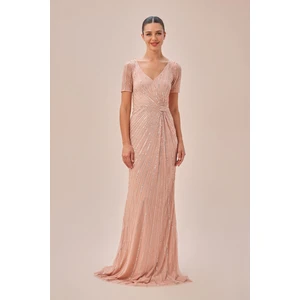 Oleg Cassini Toz Pembe Kısa Kollu Payet Işlemeli Uzun Abiye Elbise 4XLWGIN3508D