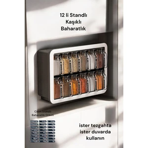 Random Standlı 12 Li Kendinden Yapışkanlı Kaşıklı Kapaklı Baharatlık Takımı-Etiketli Baharatlık-