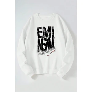 The Wert Eminem Recovery Baskılı Kadın/erkek Beyaz Bisiklet Yaka Pamuklu Sweatshirt
