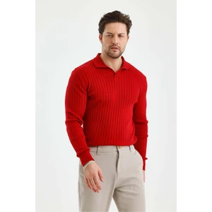 Cool Tarz Kırmızı Erkek Polo Yaka Fitilli Triko Kazak