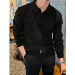 Cool Tarz Siyah Erkek Polo Yaka Fitilli Triko Kazak