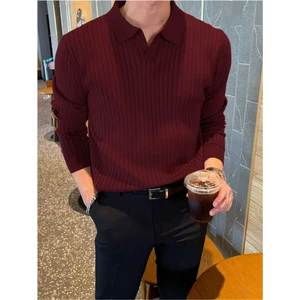 Cool Tarz Bordo Erkek Polo Yaka Fitilli Triko Kazak