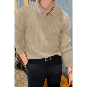 Cool Tarz Bej Erkek Polo Yaka Fitilli Triko Kazak
