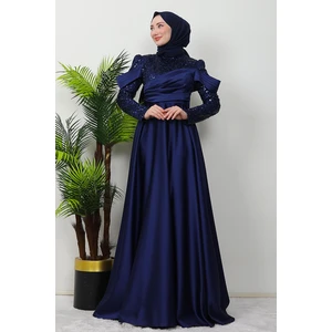 Giza Store Kolu Drapeli Pullu Abiye Lacivert