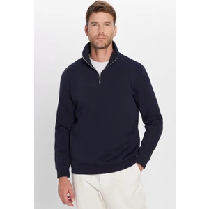 Unisex Relax Fit Rahat Kesim Pamuklu İçi Polarlı Yarım Fermuarlı Lacivert Dik Yaka Sweatshirt