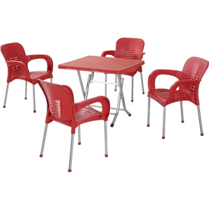 Bs Plastik Metal Ayaklı Masa 4 Adet Metal Ayaklı Sandalye Seti Bahçe Balkon Teras Takımı Kırmızı