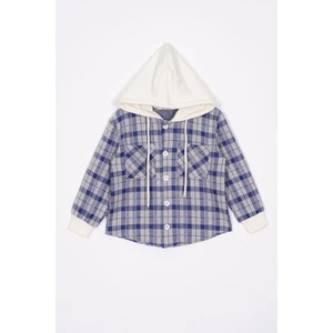 Ekose Desenli Kapüşonlu Saks Renk Erkek Çocuk Gömlek