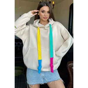 Kadın Kapüşonlu Renkli Şeritli Şardonlu Sweatshirt